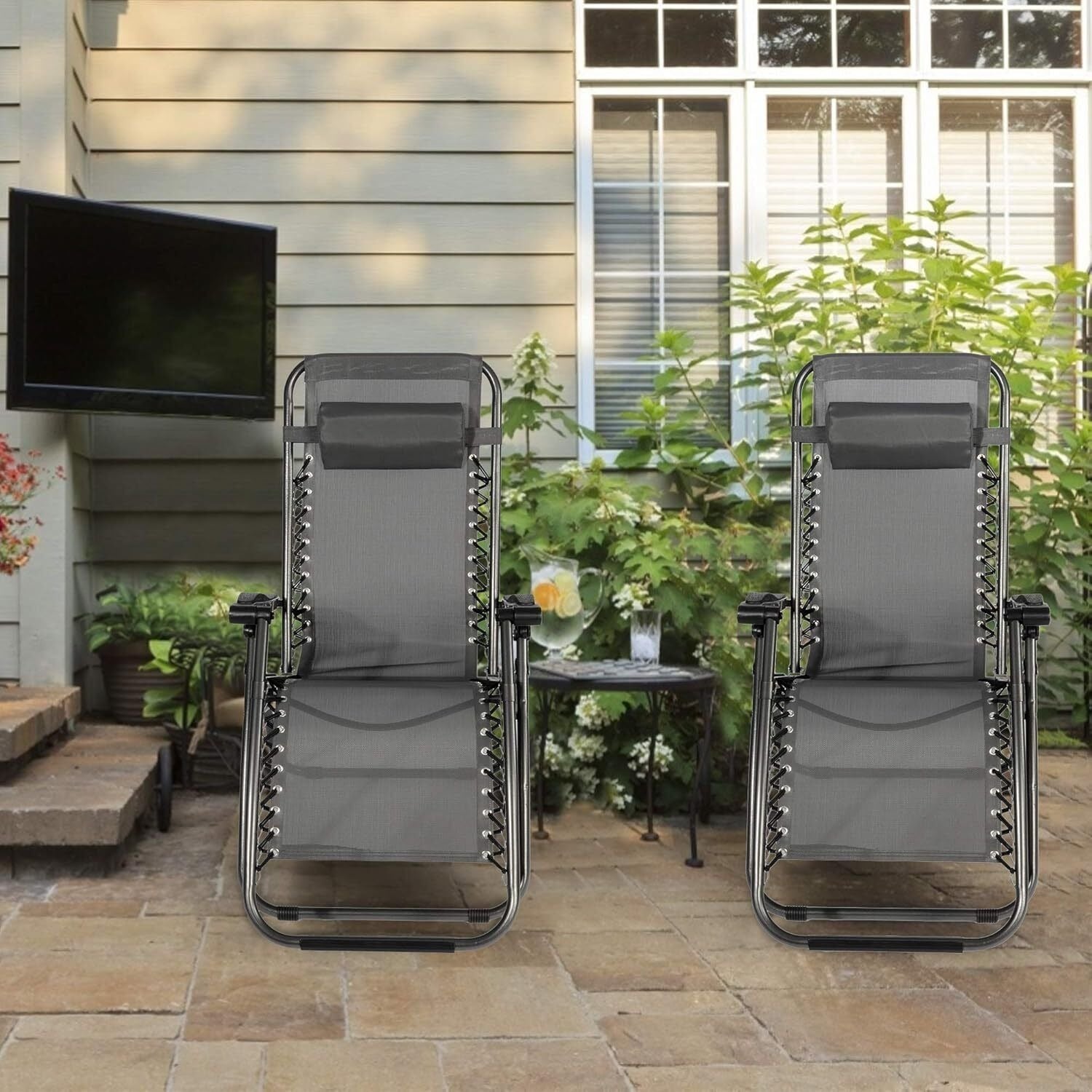 Set of 2 Adjustable Textilene Zero Gravity Chairs, Outdoor Folding Reclining Lounge Chairs with Pillows, Supports Up to 300 LBS, Portable Patio Recliners for Pool, Beach, And Lawn