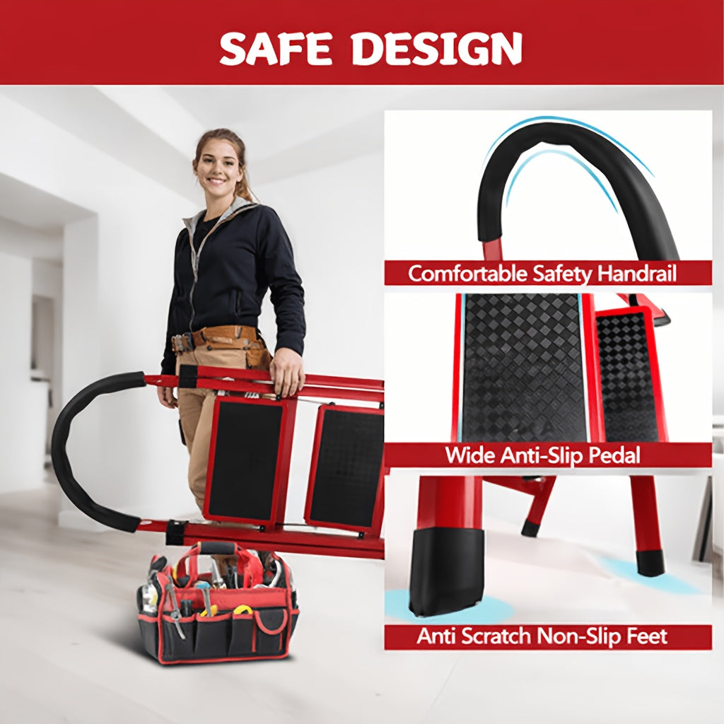 330lbs Load-bearing Folding Ladder | Heavy-duty Steel Step Stool with Anti-slip Wide Treads, Handrails, Safety Lock Design, Black And Red Color Scheme, Portable Multi-functional Ladder for Home And Kitchen Use-CVNU