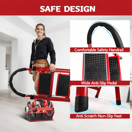 330lbs Load-bearing Folding Ladder | Heavy-duty Steel Step Stool with Anti-slip Wide Treads, Handrails, Safety Lock Design, Black And Red Color Scheme, Portable Multi-functional Ladder for Home And Kitchen Use-CVNU