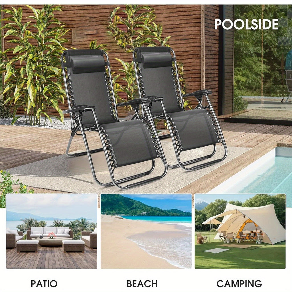 Set of 2 Adjustable Textilene Zero Gravity Chairs, Outdoor Folding Reclining Lounge Chairs with Pillows, Supports Up to 300 LBS, Portable Patio Recliners for Pool, Beach, And Lawn