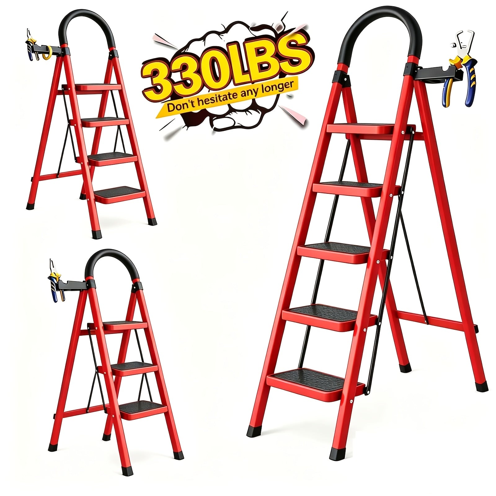 330lbs Load-bearing Folding Ladder | Heavy-duty Steel Step Stool with Anti-slip Wide Treads, Handrails, Safety Lock Design, Black And Red Color Scheme, Portable Multi-functional Ladder for Home And Kitchen Use-CVNU